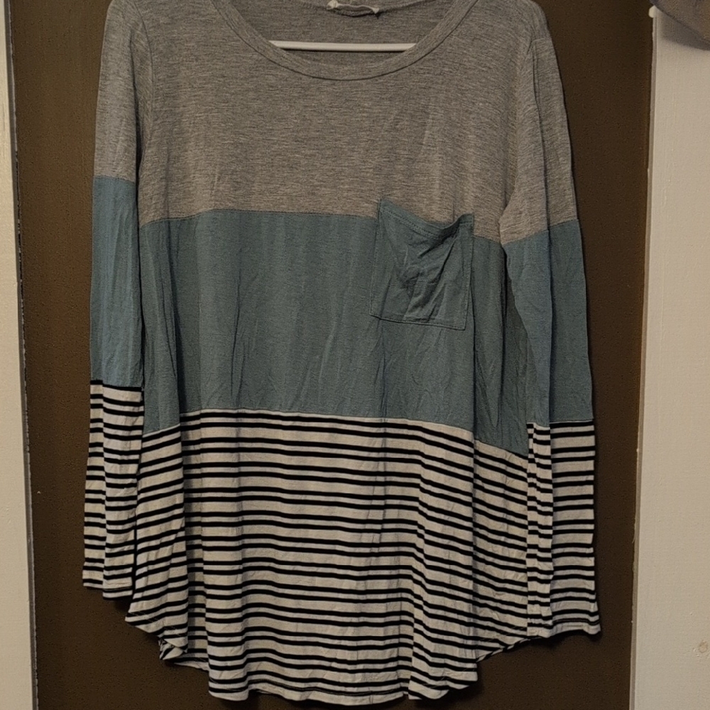 Eesome Gray and Blue Striped Long Sleeve Top
